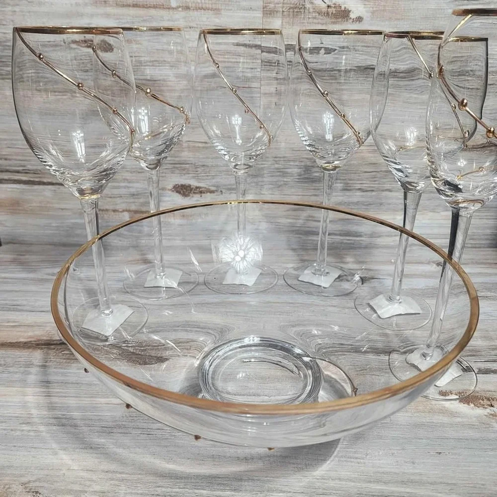 Pier 1 Gold Dot‎ Swirl Wine Goblets and Serving Bowl Set 7pc Mouth Blown Glass